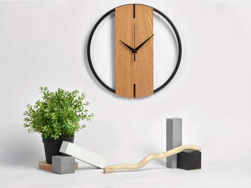 Деревянные часы с металлическим ободом, диаметр 30 см, Time Wheel, натуральный/черный №6