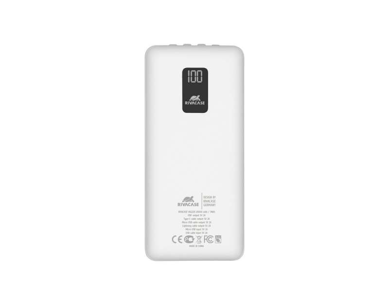 RIVACASE VA2220 (20000 мАч) внешний аккумулятор с дисплеем и встроенными кабелями, белый, 12/24 №14